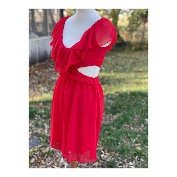 Wet Seal Red Mini Dress Waist Cut-Out Ruffle Scoop Collar Sleeveless Sz S - Picture 9 of 9